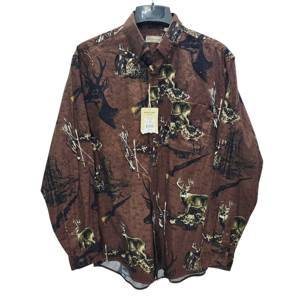Rugged Earth Button Up Shirt Mens Medium Brown Deer Hunting All Over Print New